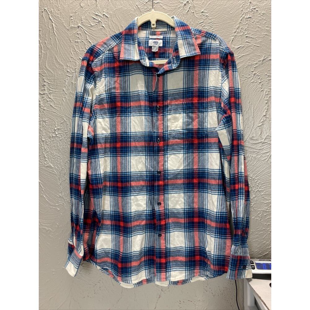 Old Navy Regular Fit Plaid Flannel Plaid Shirt Blue White Long Sleeve Mens Large
